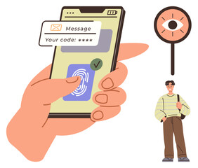 Hand holding smartphone showing fingerprint scan and verification code, magnifier with eye icon, man standing. Ideal for authentication, security, technology, privacy, identity, communication simple