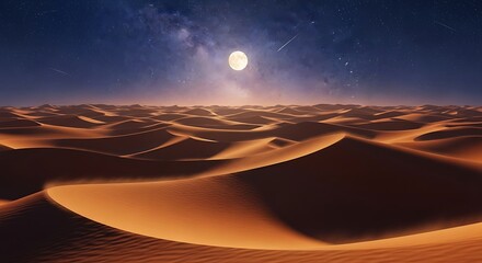 A vast expanse of sandy dunes stretches beneath a breathtaking night sky, featuring a luminous moon and a canopy of twinkling stars.