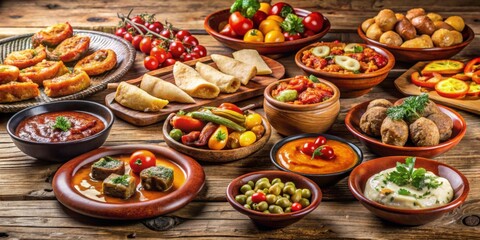 Fototapeta premium Colorful Assortment of Delicious Dishes on Rustic Wooden Table