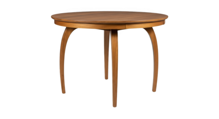Round wooden table isolated on transparent background with three curved legs