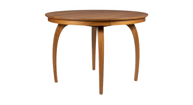 Round wooden table isolated on transparent background with three curved legs