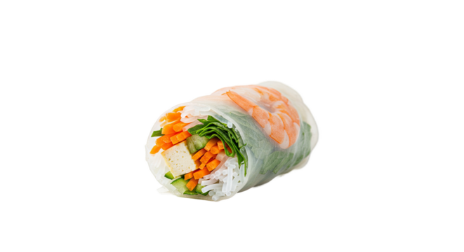 Fresh Vietnamese spring roll with vibrant vegetables and herbs.