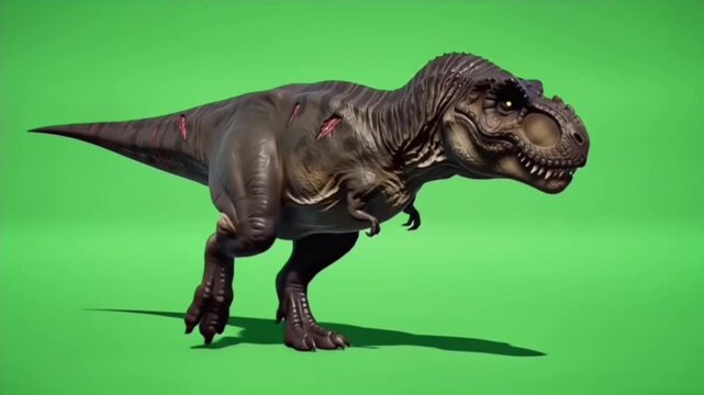 Realistic Tyrannosaurus Rex dinosaur walking in profile, isolated on a green screen for chroma key compositing and special effects
