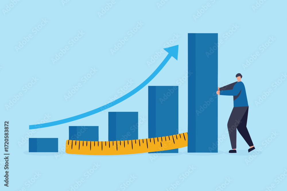 Poster man pushing a bar graph upwards with a measuring tape indicating growth and success