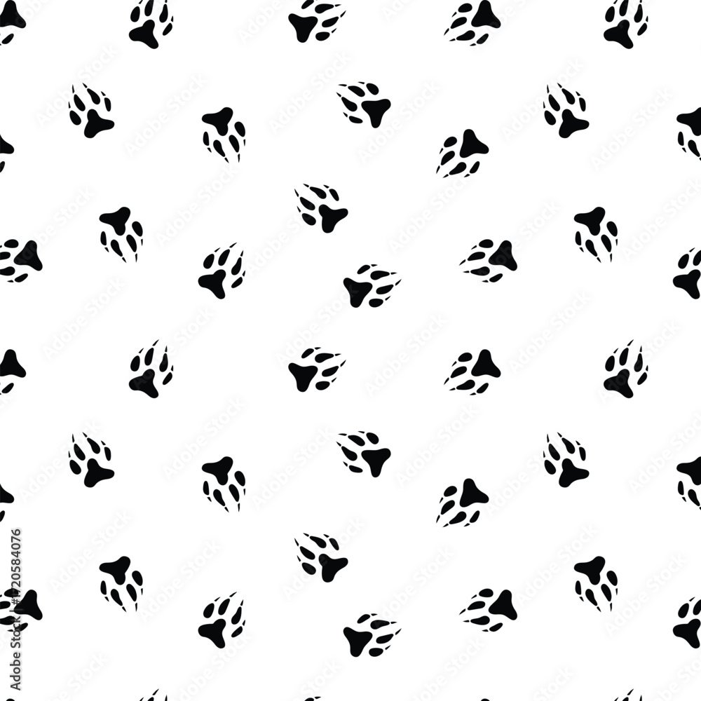 Aufkleber seamless pattern with wolf pawprint in black color with transparent square background