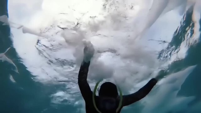 A low angle underwater view of a scuba diver beneath a large plastic garbage sheet, highlighting the crisis of ocean pollution - drowning