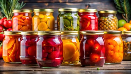 Colorful Assortment of Preserved Fruits and Vegetables in Jars