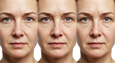 Comparison of facial aging before and after skin rejuvenation treatments, highlighting reduced wrinkles and improved skin tone.