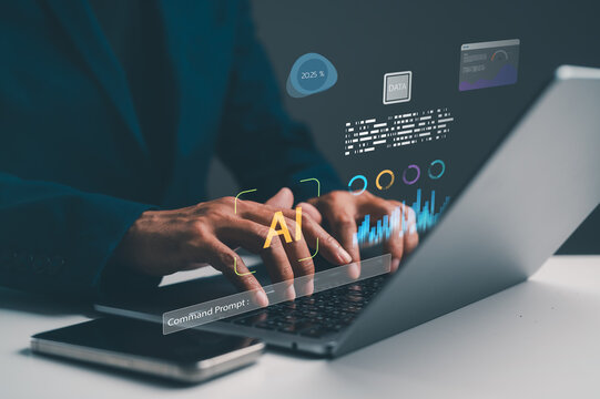 A professional person engages with technology, using a laptop to interact with digital data, including graphs and AI, in a modern workspace.