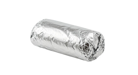 Rolled up burrito wrapped in foil ready to eat food preparation take out quick meal.