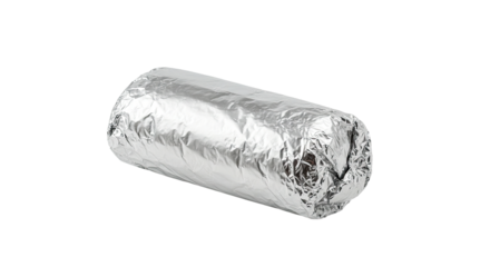 Rolled up burrito wrapped in foil ready to eat food preparation take out quick meal.