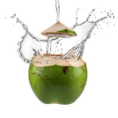 Fresh coconut with water splashes, showcasing a vibrant, tropical fruit drink.