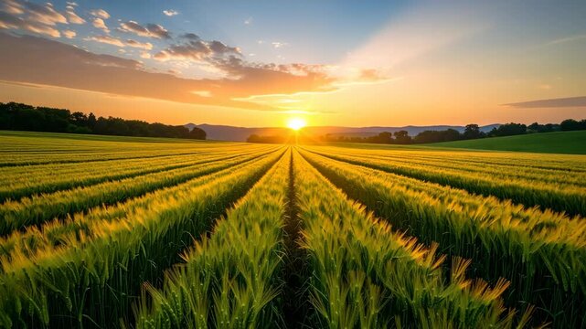 Green wheat field stretching to the horizon with a vibrant sun rising in the clear sky at dawn