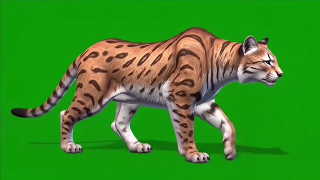 A scientifically inspired concept of a prehistoric feline predator, this powerful spotted carnivore is animated walking on a green screen background