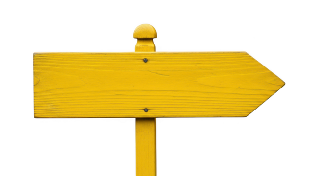 Yellow wooden direction sign isolated on transparent background, navigation concept