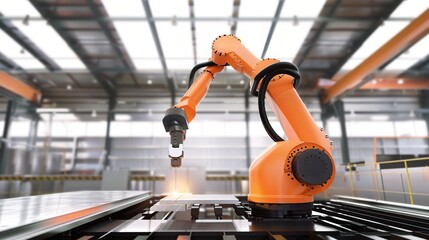 Metal processing robot with a sleek metallic arm, gripper end effector, and control base, operating in a manufacturing workshop to weld, cut, or assemble steel parts, connected to a control system and