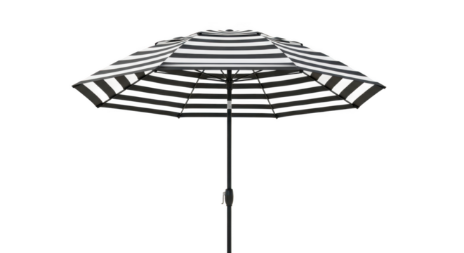 Black and white striped patio umbrella isolated on transparent background