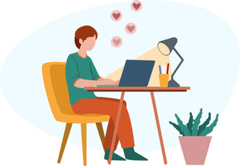 Flat illustration of a man working remotely on laptop at home with plant.