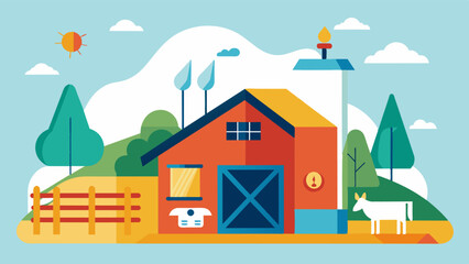 A temperaturecontrolled barn equipped with sensors that adjust according to the weather providing an ideal climate for the wellbeing and comfort of the herd.. Vector illustration