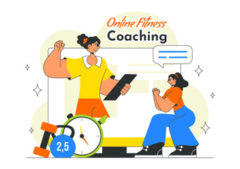 Online Fitness Coaching Illustration Featuring Personal Trainer for Web Training with Virtual Instructor, Workout Plans, Nutrition, and Weight Loss
