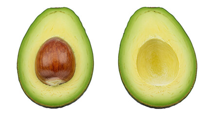 Two halves of a fresh avocado one with a pit and one without on a white background.