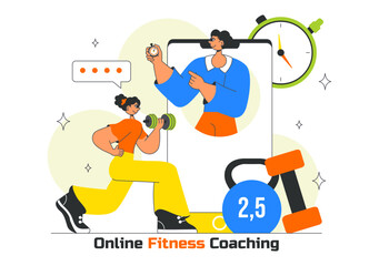 Online Fitness Coaching Illustration Featuring Personal Trainer for Web Training with Virtual Instructor, Workout Plans, Nutrition, and Weight Loss