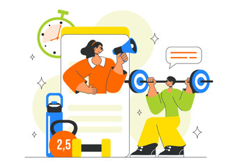 Online Fitness Coaching Illustration Featuring Personal Trainer for Web Training with Virtual Instructor, Workout Plans, Nutrition, and Weight Loss