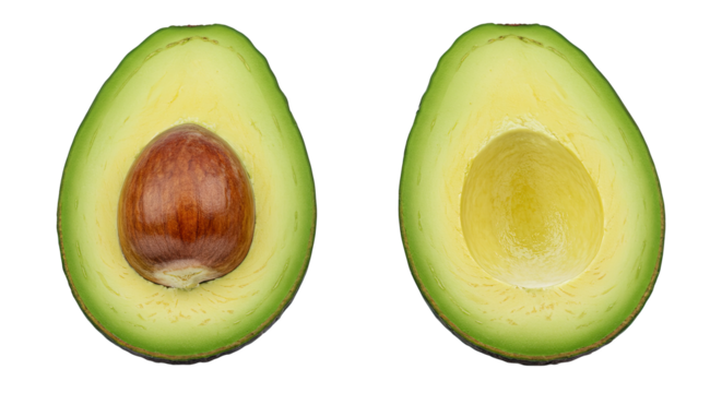 Two halves of a fresh avocado one with a pit and one without on a white background.
