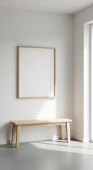 Empty picture frame and simple wooden bench in a bright, minimalist hallway corner.