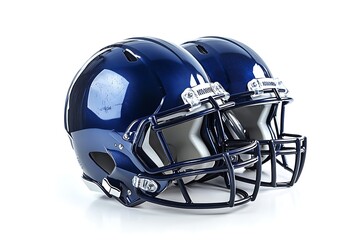 Fototapeta premium Two Navy Blue Football Helmets Facing Front on White Background in Studio Shot