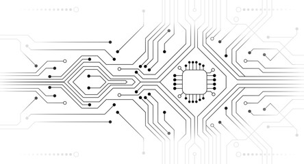 Obraz premium Abstract digital circuit board with a central processor and intricate pathways, representing technology and connectivity.