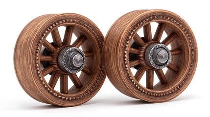 Two Ornate Brown Wooden Antique Wagon Wheels with Metal Hubs on White Backdrop