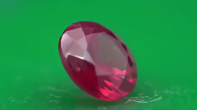 A magnificent oval-cut red ruby gemstone, its brilliant facets sparkling with inner fire, resting on a contrasting green background, symbolizing luxury and desire