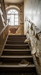Hauntingly Beautiful Decaying Staircase in an Abandoned Mansion with Peeling Floral Wallpaper and Arched Window, Illuminated by Natural Light
