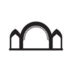 Arched gateway silhouette shows three openings with geometric designs against a white background