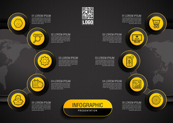 10 steps infographic layout Black and yellow color for horizontal presentation, timeline, workflow and business report. Illustration template. Not generated by AI.