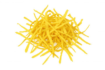 Pile of crunchy fried yellow dough strips creating a delicious snack or soup topping, isolated with transparent background