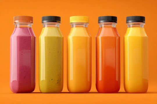 Colorful Bottles of Fresh Juice on Vibrant Orange Background