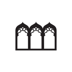 Black silhouette showcases three arched window structures isolated against the white background