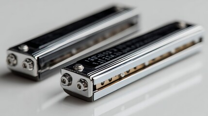 Two Silver Harmonica Musical Instruments on a White Background, Close Up View