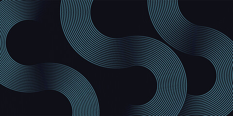 Modern dark blue abstract horizontal banner background with glowing geometric lines. Shiny blue diagonal rounded lines pattern. Futuristic concept. Suit for cover, brochure, presentation, flyer, web