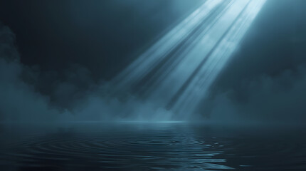 Mysterious light beams pierce through mist over tranquil water, creating a serene and ethereal atmosphere for fantasy or spiritual projects