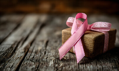 ribbon bow pink color box gift copy space wooden background wallpaper breast cancer awareness month support hope help support ribbon bow october month survivor breast cancer awareness campaign disease