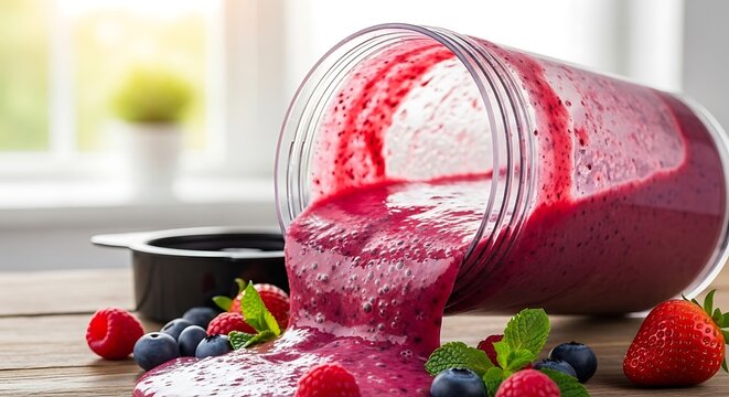 Vibrant berry smoothie spills from a blender onto a wooden surface, highlighting fresh ingredients and healthy eating.