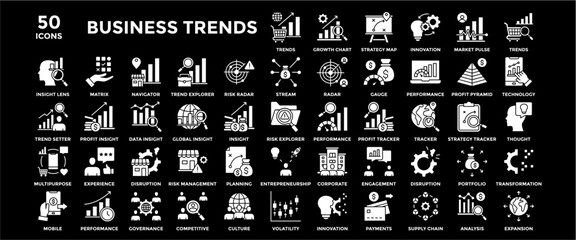 Business Trends white icon. Containing design business, financial, finance, trend, strategy, target	