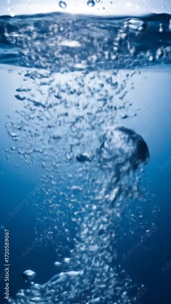 Poster bubbles rising in blue water with surface light and textured liquid motion backdrop with natural ele