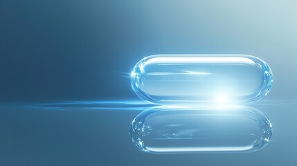 Futuristic translucent capsule floating against a blue medical backdrop with light refraction.
