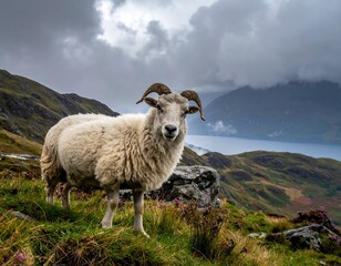 Fototapeta premium Sheep on a mountain overlooking a lake