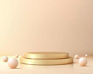 luxury podium mockup with gold circular pedestals on reflective surface and white spheres for elegant product showcase in minimalist studio background