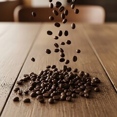 Coffee beans cascade onto a wooden surface, creating a dynamic display of rich, dark brown beans in mid-air.